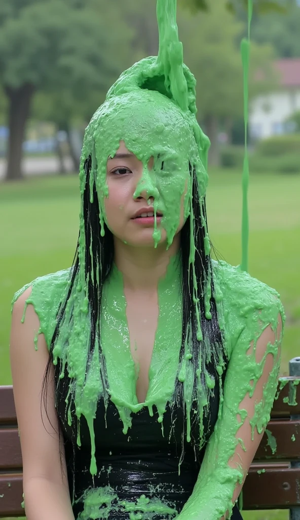 Asian woman sitting on a chair with green slime, covered in slime!!, green slime, green slime everywhere, green slime dripping, beautiful green liquid, full of greenish liquid, wet skin, character is covered in liquid, wet and slimy, slime, ((Green slime falling down)) high quality, best quality, masterpiece, 1girl, smile, long hair, stage, Tv game show, attractive brunette, slimed woman, ((green slime falling on her hair and face)), woman sitting on a chair, laughing crowd, shallow depth of field, large audience, Slimed, woman, shocked, photorealistic, full length, bright studio, crowd behind.