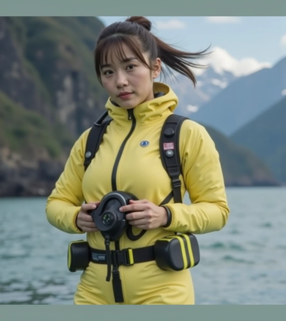 A documentary photo, Photo-realistic, ultra-realistic, (Japanese beautiful young woman, famous Japanese idol, boyish cool face:1.3), wetlook rubberish yellow clothes,, she is a military diver of Japan navy, experienced military diver, wearing a professional wetsuits for military diver with professional scuba equipment, She is on a shlre, She is preparing to scuba dive for a lifesaving mission, there is a large battle ship behind her,, Natural Makeup, boyish face ,Front View:1.21, Perfect Anatomy:1.21, Small head:1.21, Slender body:1.37, Narrow waist:1.5, Thin limbs:1.5, Flat Chest:1.5, Anatomically correct limbs, Diving Suits drysuits (high smooth turtleneck collar), Fully equipped for diving, Very cute Japanese woman, Brown Hair, Chignon Hair, woman holds oval scuba mask, Calm sea in qinter, Dynamic and emotional movie lighting, 