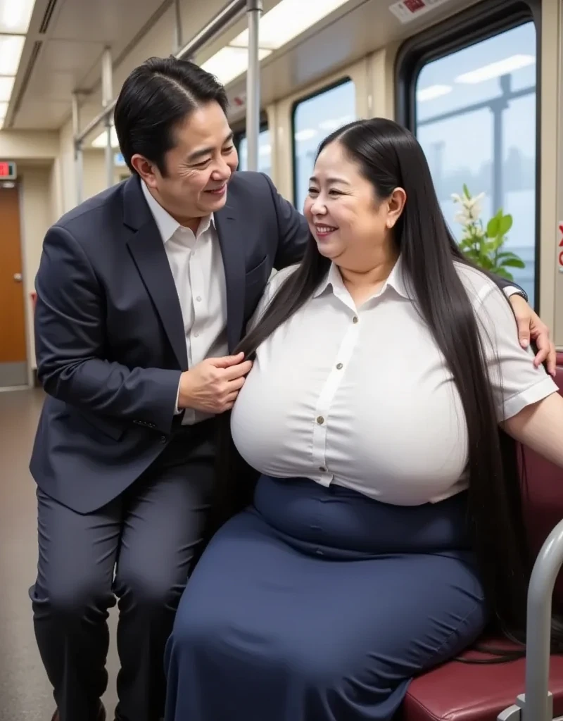 8k,Highest quality, masterpiece, Ultra-high resolution,(masterpiece:1.6, Highest quality), Intricate details, ((1female and 1 male)),((A young man is touching a mature woman's ridiculously long black hair:1.5)),((A mature woman and a young man are sitting closely together on the Long seat of a Commuter Rail.:1.5)),(( Commuter Rail,Long seat:1.2)),｛woman,Middle-aged woman in her 50s, japanese, full body, ((leaning foward, dynamic pose:1.3)),top of head, ((Absurdly long hair:1.5)), ((jet Black Hair)), ((forehead:1.5)),((fat body, Fat face, round face, Saggy face:1.5)), ((huge breasts, gigantic breasts:1.5)), ((super Saggy breasts:1.5)), ((pale skin, shiny skin, red lips,Smiling happily)),(( navy blue jacket, white formal shirt , Navy Blue Skirt))｝,｛male,20th Generation, navy blue jacket, white formal shirt , dark blue slacks , short hair , nervous expression entering the front door｝