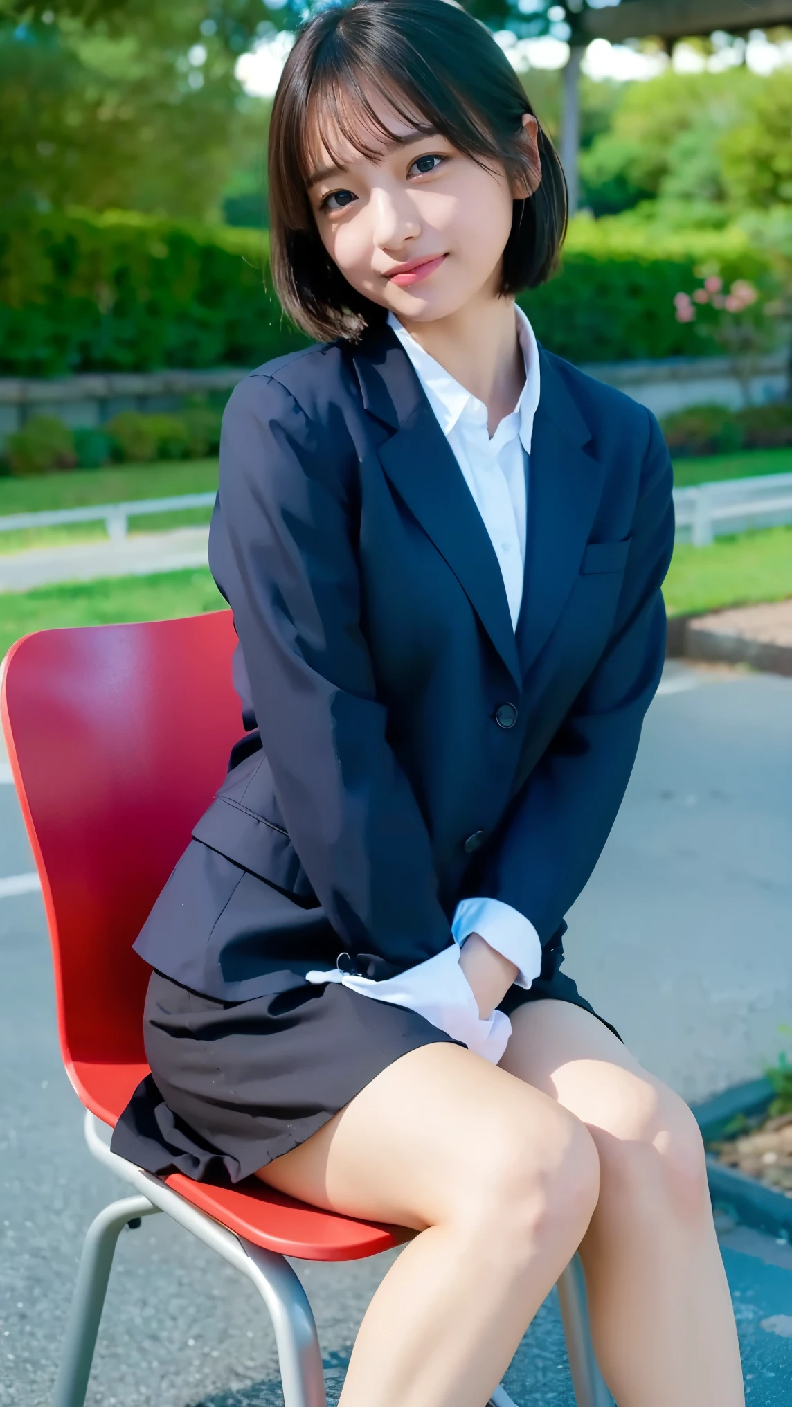 (photogenic, 8k, RAW photo, best quality, masterpiece:1.2), Blazer school uniform, mini skirt, voluptuous body, short pink hair, sitting at desk, black pants visible through crossed legs, pointing, beautiful face, black underwear, shiny thighs, pure white skin, Japan, school girl, realistic