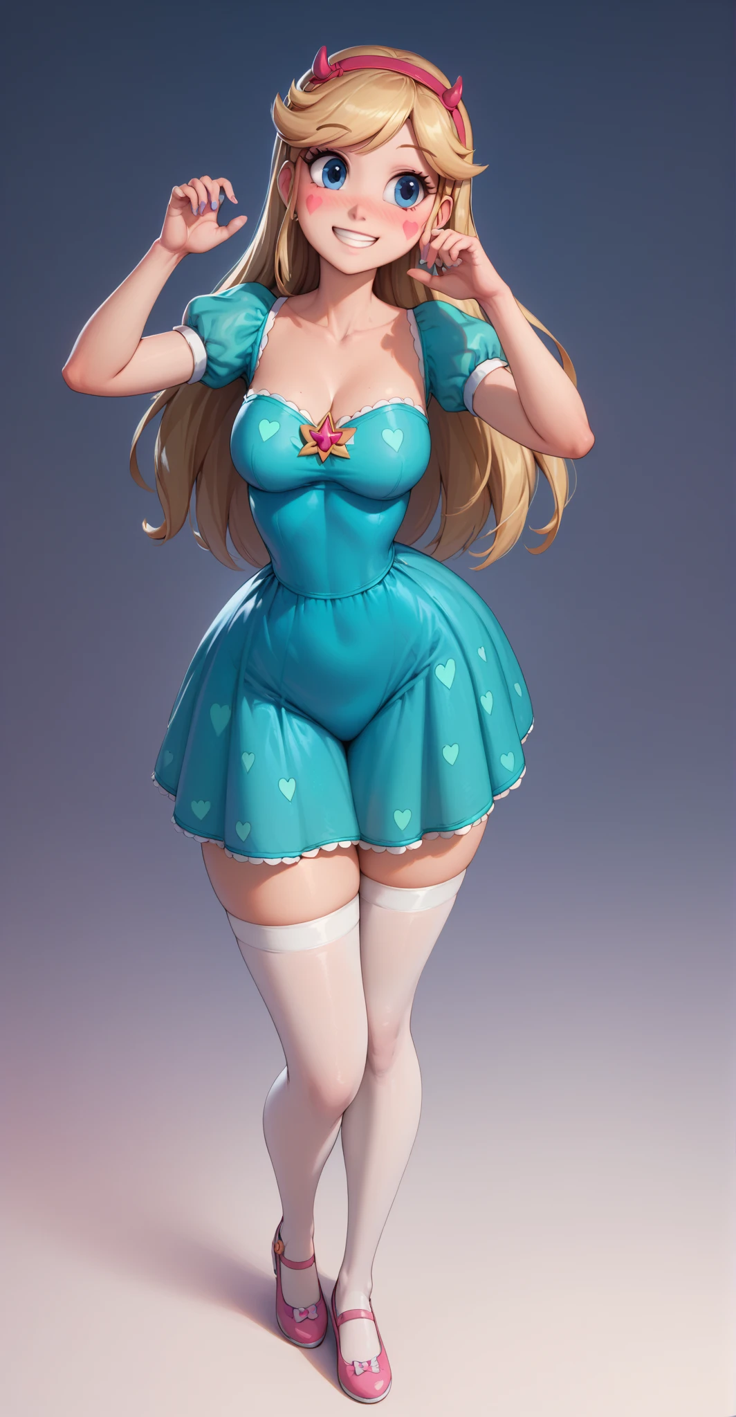 Star Butterfly, 1 girl, standing alone, ssmile, blush, looking ahead at viewer, blue colored eyes, green mini dress, , marking, ((whole body)), breasts , slender_waist, huge hips, bare thighs, curves, nice curvy legs, white stockings, pink mary janes shoes, front,sensual pose, best qualityer, no flaws, happy, smile, 