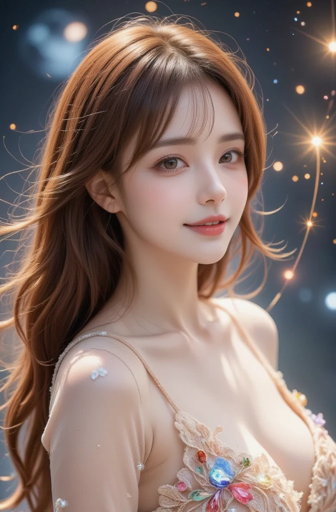(pre-focused), (Darkness: 1.6), cinema lighting, hyper-realism women by David Hockney and Alphonse Mucha, photorealistic, paleskin, dynamic lighting, art station, posters, dark lighting, (((very detailed face)), mature atmosphere, eye detail, 8K, 1 girl, cool beautiful face, high nose, Ghibli heroine face, slender, glamorous body, (((taut)), ((big)), erotic body, stunning proportions, short shoulders, long legs, wide waist, sexy style, waist constriction, ((small triangular face)), natural makeup, beautiful makeup, narrow eyes, pool, night, (((fireworks)), ((floral pattern yukata)), ((kimono)) Waistband, cowboy shot, (formal attire: 1.4), hair detail, hair is up, brown hair, background bokeh, (super low angle), frontal shot, small smile, various poses, (((positive face)), face does not collapse, shoulders do not show, medium close up,