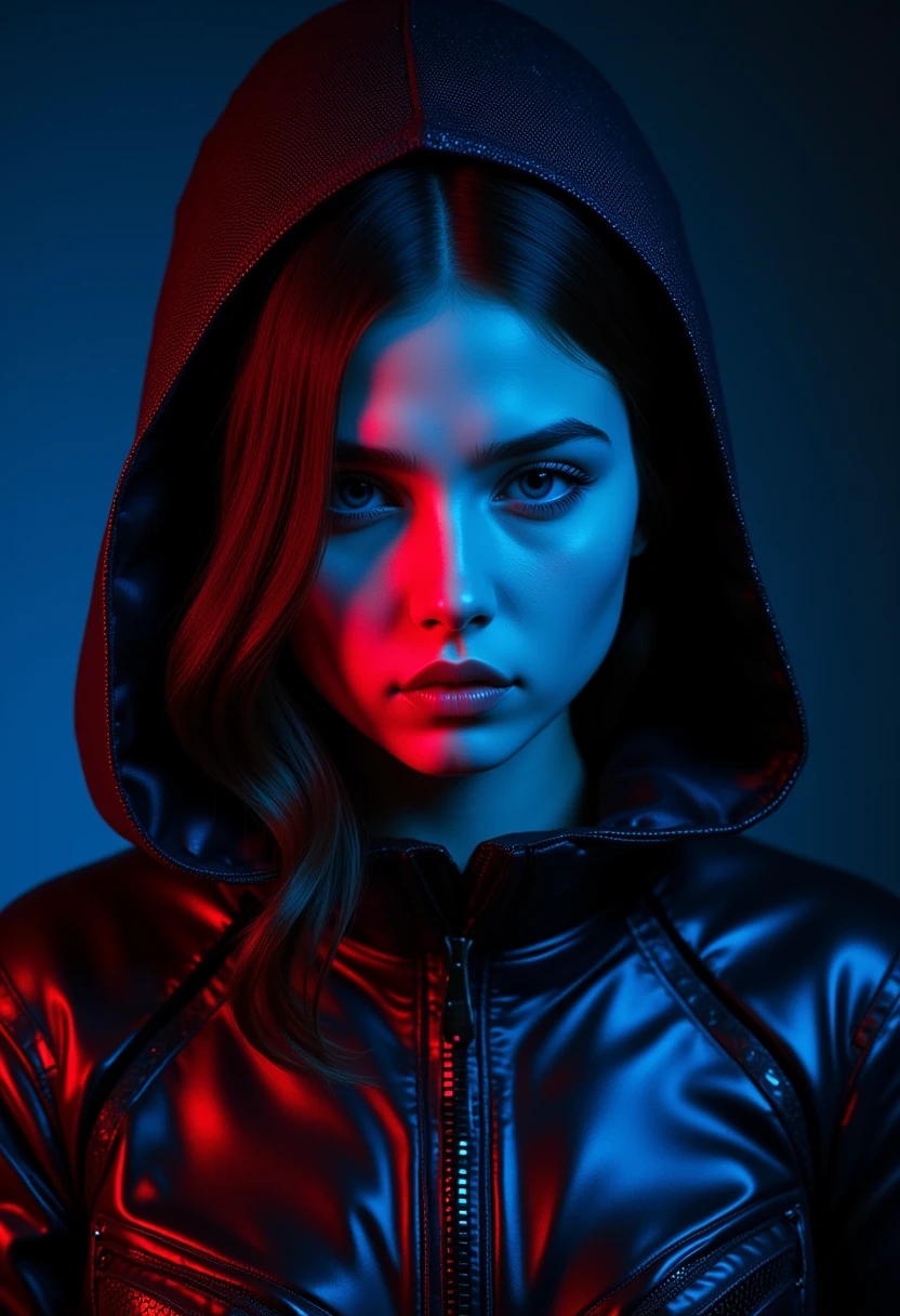 The image portrays a young woman in a futuristic and edgy aesthetic, exuding a mysterious and captivating presence. Her face is illuminated by dramatic lighting, with cool blue and vivid red hues that enhance the modern and cyberpunk-inspired atmosphere. Her expression is intense yet introspective, with her slightly parted lips and direct gaze adding to the image's emotional depth.

Her hair is dark, with loose, natural waves that cascade over her shoulders, catching subtle reflections from the dynamic lighting. The use of highlights on her face emphasizes her sharp, defined facial features, including high cheekbones, a straight nose, and soft, glossy lips.

She is wearing a glossy, reflective hooded jacket that appears futuristic, with angular and shimmering textures. A transparent mesh-like material overlays her hood, refracting the lighting to create intricate patterns of light and shadow, adding a unique, otherworldly detail to her outfit.

The background is dark and minimalistic, allowing the lighting and reflective elements of the subject's attire to take center stage. The interplay of light, shadow, and reflective materials evokes a high-tech, cyberpunk aesthetic, with a moody and atmospheric tone that combines elegance with a sense of mystery and futurism.