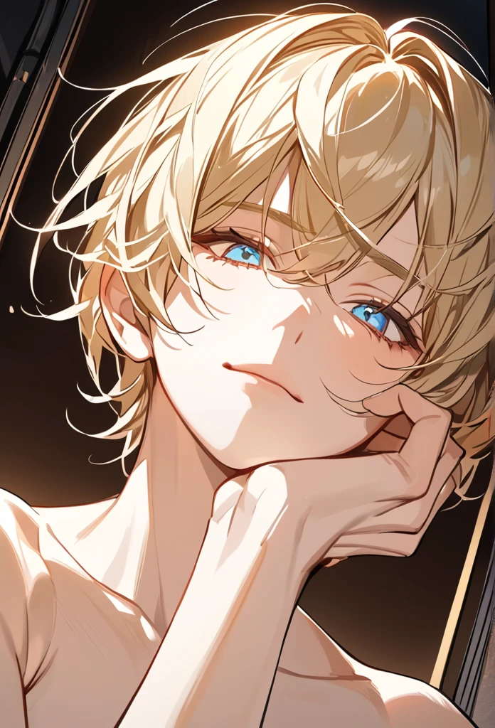 Masterpiece, best quality, ultra-detailed, high resolution, sharp focus, intricate details, vivid colors, clean outlines, refined rendering.

1boy, Messy, slightly wavy gold hair with soft,  The hair has a natural volume, with bangs framing the face and lightly covering the eyebrows, The overall hairstyle gives a slightly unkempt and effortless vibe, emphasizing the character’s relaxed but confident demeanor.  short hair, warm and gentle blue eyes, mole below left eye, naked, resting one hand against their cheek, head slightly tilted, calm and confident expression, relaxed and charming demeanor. Sitting on the chair. Low angle, looking at viewer, mature, musle,"Low-angle shot looking up at the character" look down, The camera is positioned below, capturing a low-angle shot. upward view, emphasizing the character's face and upper body.


