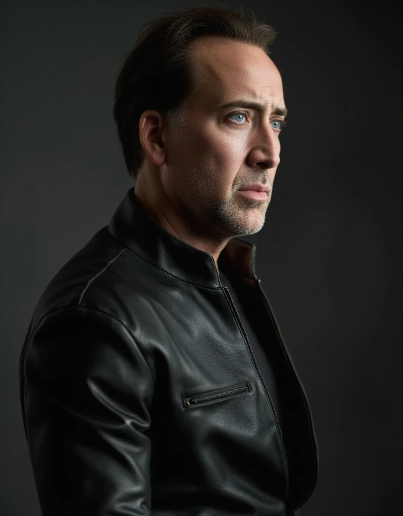 Nicolas Cage dressed in a black leather suit and black leather shirt, close no rosto, side profile image 