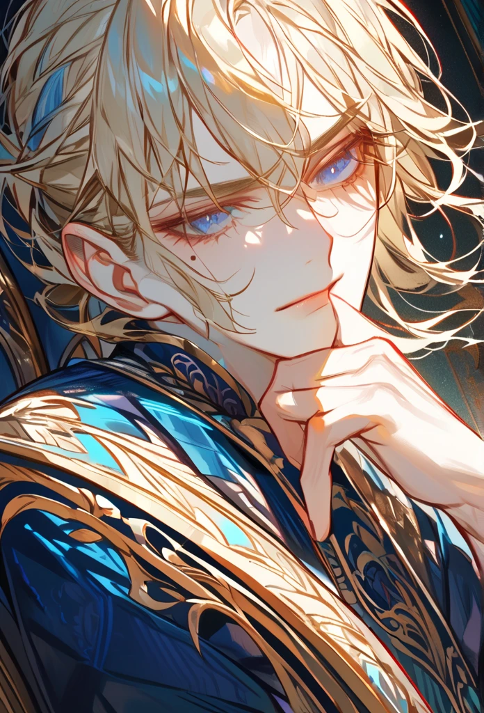 Masterpiece, best quality, ultra-detailed, high resolution, sharp focus, intricate details, vivid colors, clean outlines, refined rendering.

1boy, Messy, slightly wavy gold hair with soft,  The hair has a natural volume, with bangs framing the face and lightly covering the eyebrows, The overall hairstyle gives a slightly unkempt and effortless vibe, emphasizing the character’s relaxed but confident demeanor.  short hair, warm and gentle blue eyes, mole below left eye, naked, resting one hand against their cheek, head slightly tilted, calm and confident expression, relaxed and charming demeanor. Sitting on the chair. Low angle, looking at viewer, mature, musle,"Low-angle shot looking up at the character" look down, The camera is positioned below, capturing a low-angle shot. upward view, emphasizing the character's face and upper body.


