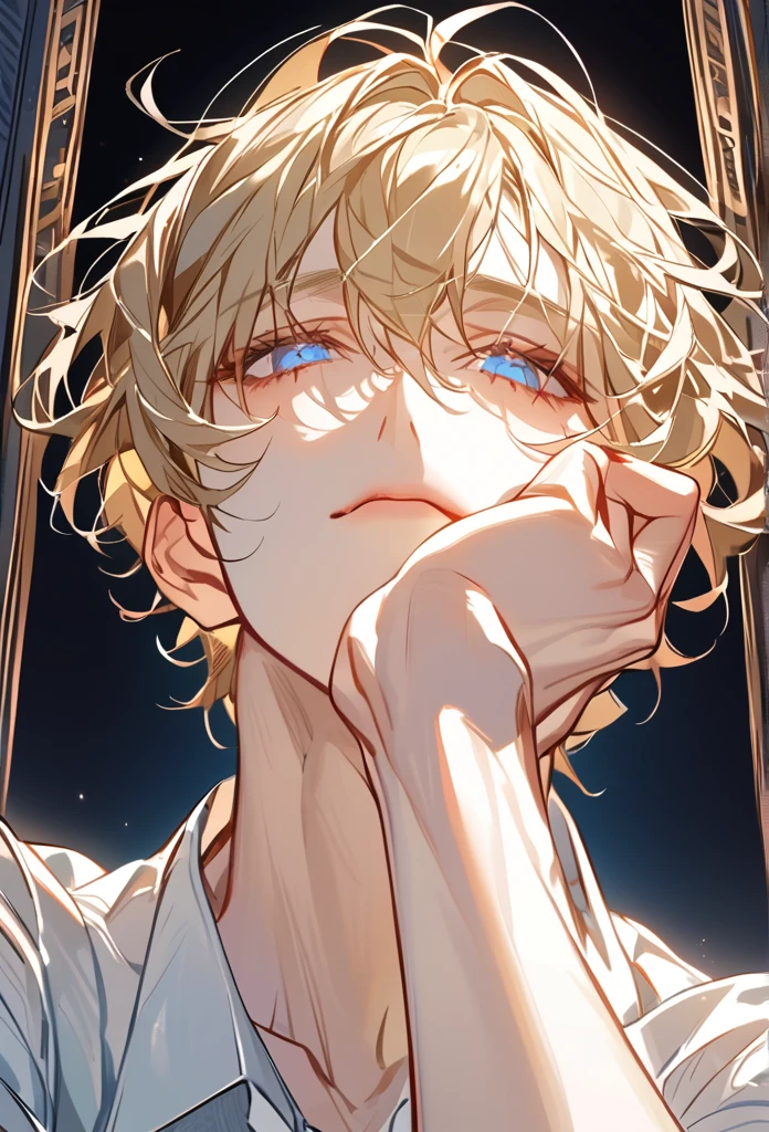 Masterpiece, best quality, ultra-detailed, high resolution, sharp focus, intricate details, vivid colors, clean outlines, refined rendering.

1boy, Messy, slightly wavy gold hair with soft,  The hair has a natural volume, with bangs framing the face and lightly covering the eyebrows, The overall hairstyle gives a slightly unkempt and effortless vibe, emphasizing the character’s relaxed but confident demeanor.  short hair, warm and gentle blue eyes, mole below left eye, naked, resting one hand against their cheek, head slightly tilted, calm and confident expression, relaxed and charming demeanor. Sitting on the chair. Low angle, looking at viewer, mature, musle,"Low-angle shot looking up at the character" look down, The camera is positioned below, capturing a low-angle shot. upward view, emphasizing the character's face and upper body.


