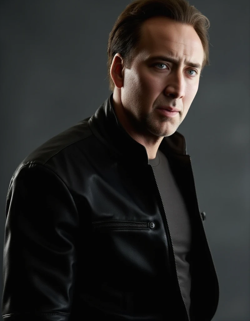 Nicolas Cage dressed in a black leather suit and black leather shirt, close no rosto, side profile image 