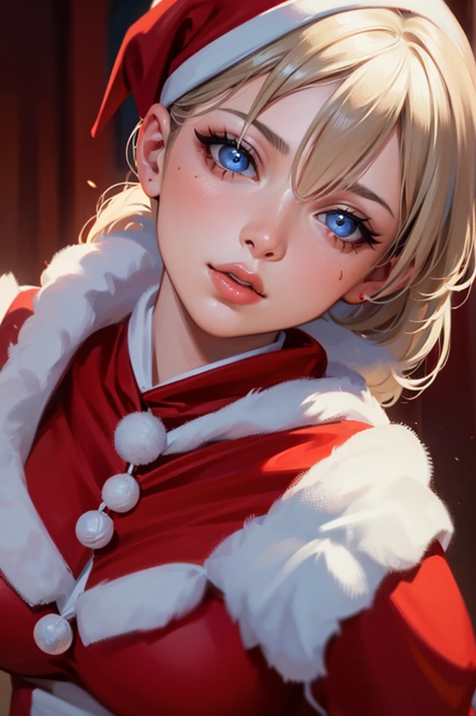 Makima in a red and white santa dress, detailed face with beautiful eyes, nose, and lips, highly detailed body and figure, christmas theme, elegant and sexy, colorful and vibrant, warm lighting, photorealistic, 8k, intricate details, masterpiece