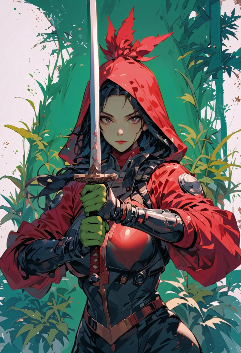 (best quality, masterpiece),1girl,barrissoffee, (green skin),upper body , hood up, looking at viewer, smiling, holding   blade  sword  half  energy,  body  tech suit, full body image , full body 