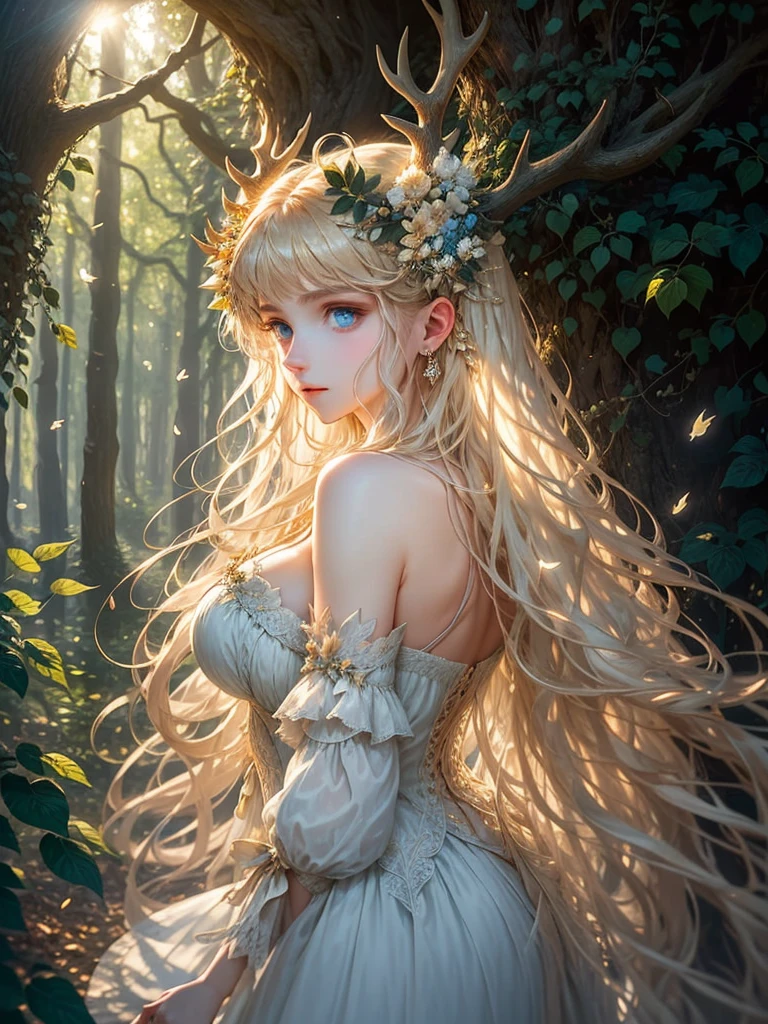 top-quality、tmasterpiece、Very high resolution、super high image quality、High-quality pixels)、perfect eyes, perfect face, solo,8K, large breast,(Detailed description of hair), (Detailed description of face),(Detailed description of body), fair and clear skin, matchless beauty, long legged, Long blonde curly hair details expressed, beautiful postures, romantic Atmosphere, Artistic interpretation, Delicate curls,Crystal diamond jewelry,Stunning intricate lingerie, Romantic illustration, The details have been upgraded,cleavage,reindeer horns,reindeer ears,opaque eyeball color
