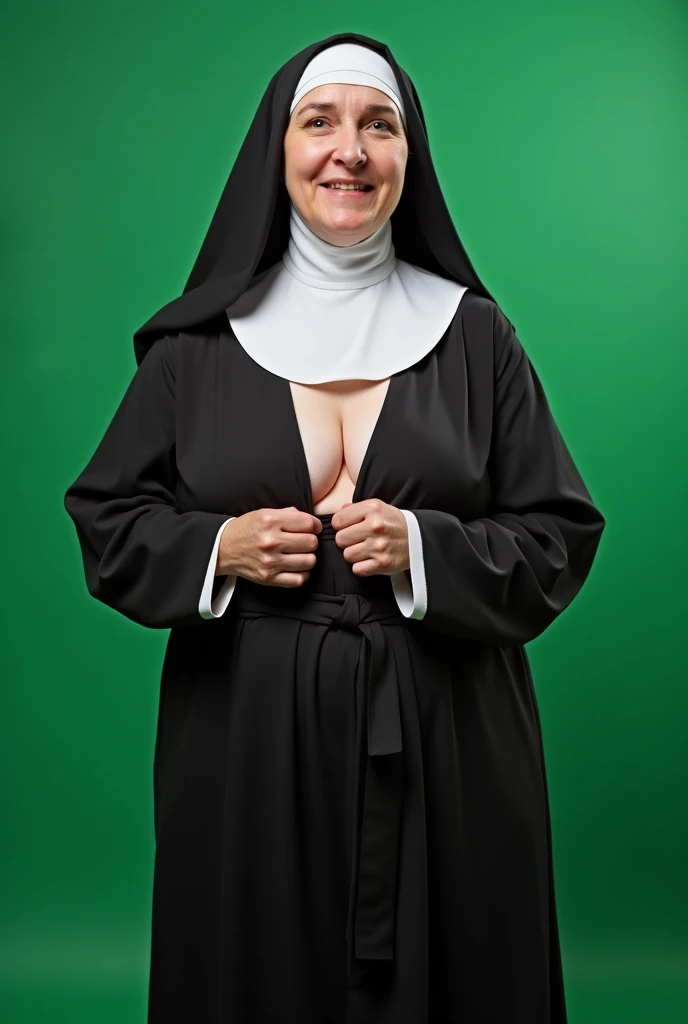 Mature Spanish woman、Ginger Hair、Green Eyes、smile、Nuns、nun head gear, Huge breasts、Perfect muscular body、completely naked, At church, exposed breasts and hairy vagina