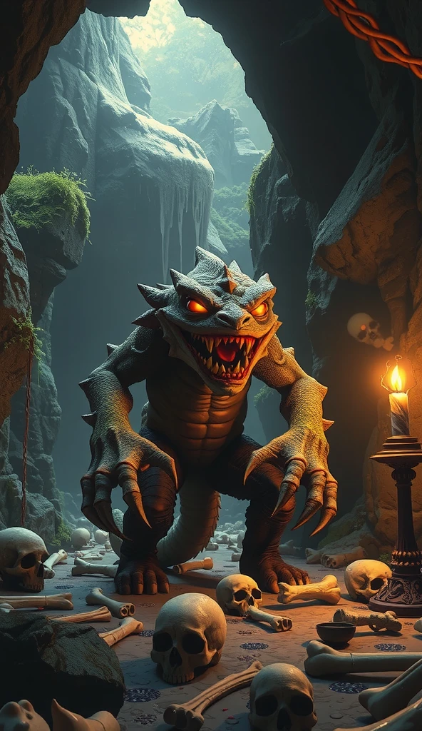 " Chupa-Cabra's hiding place in a dark and humid cave , decorated with bones scattered across the floor . The creature is standing , roaring,  with its sharp claws reflecting the light of natural torches that drip wax.  The atmosphere is oppressive ,  with details of moss-covered stone walls and a murky lake in the background ."