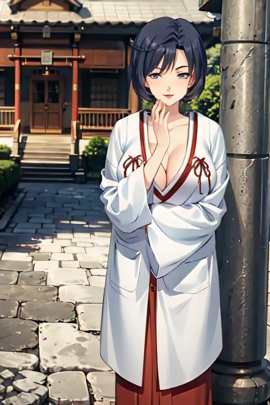 Wife Migui 3,Kamino-shi/Jinno Sumire , adult woman, attractive woman,Age 32, black hair, short hair ,bangs,clavicle,chest, clevis,White,placket,Scarlet hakama, socks,Sandals, background Japanese shrine,Outdoor,Cobblestone floor,smile, opens your eyes , red lips, closes her mouth, standing,Character portrait,Composition from head to knee, blurred background , 1 girl ,solo, Anatomically Correct,  high definition , accurate, 最 High Quality ,  high detail,  high definition model ,  High Quality ,  Ultra High Definition,  textured skin,  8k octane