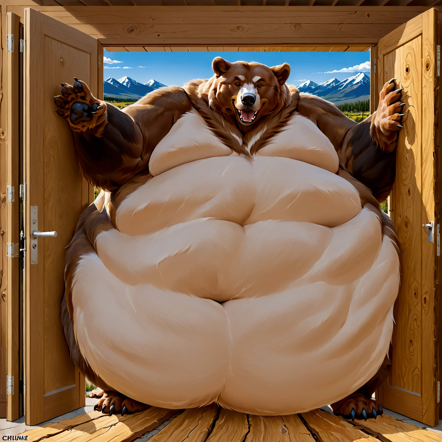 An extremely fat Brown Grizzly Bear with an unbelievably massive white belly, so enormous it drags on the ground and looms bigger than a mountain, breaking through a large door with its colossal bulk. The splintered wood frames its massive form as it reaches out a paw toward you, its thick fur and immense belly dominating the scene with a mix of power and surreal humor.