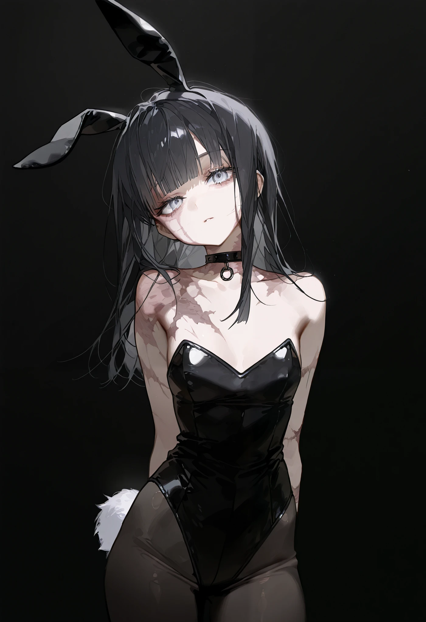 SagawaStyle, 1girl, solo, small breasts, black hair, long hair, gray eyes, scars, burn scars, neutral, head tilt, bunny suit, pantyhose, rabby ears, fake animal ears, tail, looking at viewer, choker, standing, upper body, black background, score_9, score_8_up, score_7_up