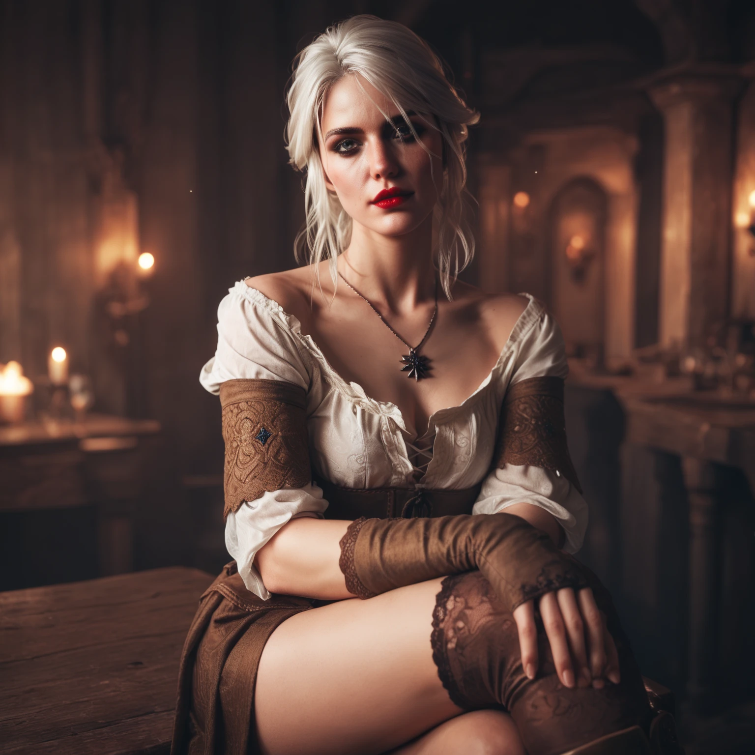 Ciri, white hair, (best quality, Ultra-detailed), (realistic:1.37), beautiful and detailed face, Ultra-realistic texture, Delicate face, Red lipstick, long-lasting colors. high definition, 8k.