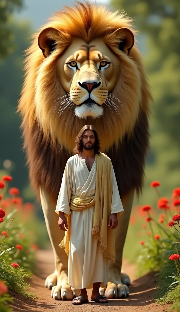 A saint wearing a São Paulo shirt greeting a lion wearing a Flamengo shirt