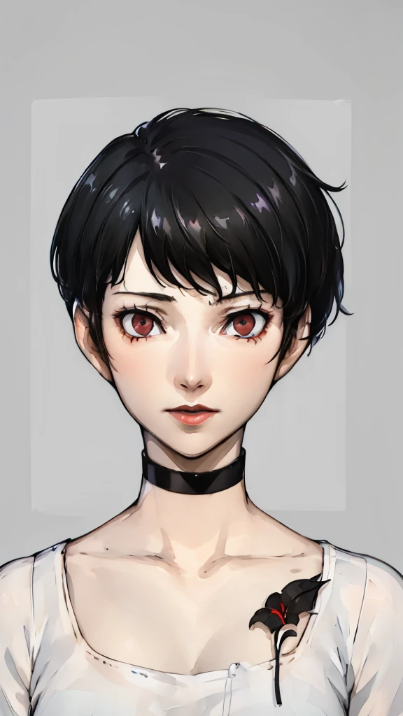 1 girl, very Short hair, tomboy Pixie haircut, black hair, red eyes, lipstick, black choker, face portrait, white shirt, shigenori soejima style, perfect art, bangs