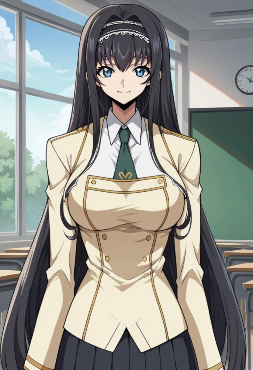 ,Front View,nsfw,score_9, score_8_ up, score_7_ up, High Quality ,最 High Quality , High Definition , source_Anime, , Maya Diesel , long hair, blue eyes, black hair, bangs, white hair band, school uniform, students,nsfw,Big Breasts, standing, cowboy shot,Front View,nsfw,smile,