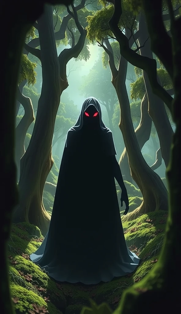  An eerie silhouette appears among the trees. Bright eyes are visible for an instant .