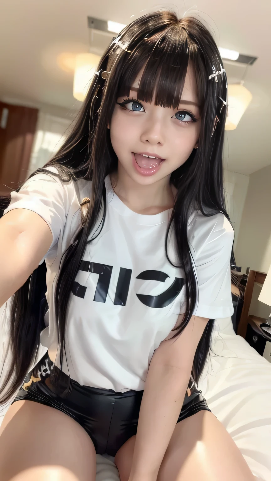 ollarbone,pastel colors t-shirt,off-shoulder look,bare shoulder,midriff peek,string panties,open mouth,(tongue out:2),lying,Selfie,looking ahead,from above,front view,cowboy shot,(1girl,Beautiful 14 year old girl),((Slender,Small breasts,Small face,)),looking at viewer,Black Hair,bangs,one side up,Beautiful and detailed,Mischievous smile,Dimly lit room,Simple Background,bed,pillow,best quality