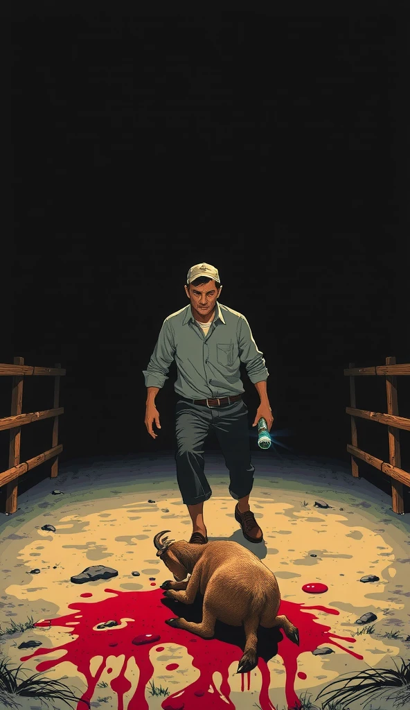 A man with a flashlight walks to the corral , nervous.  The beam of light reveals a trail of blood and a goat lying on the ground.