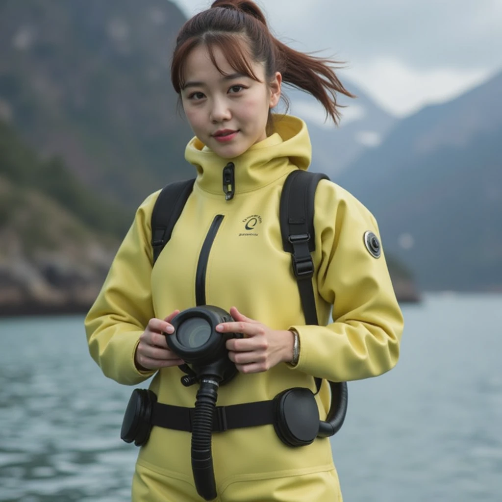 A documentary photo, Photo-realistic, ultra-realistic, (Japanese beautiful young woman, famous Japanese idol, boyish cool face:1.3), wetlook rubberish yellow clothes,, she is a military diver of Japan navy, experienced military diver, wearing a professional wetsuits for military diver with professional scuba equipment, She is on a shlre, She is preparing to scuba dive for a lifesaving mission, there is a large battle ship behind her,, Natural Makeup, boyish face ,Front View:1.21, Perfect Anatomy:1.21, Small head:1.21, Slender body:1.37, Narrow waist:1.5, Thin limbs:1.5, Flat Chest:1.5, Anatomically correct limbs, Diving Suits drysuits (high smooth turtleneck collar), Fully equipped for diving, Very cute Japanese woman, Brown Hair, Chignon Hair, woman holds oval scuba mask, Calm sea in qinter, Dynamic and emotional movie lighting, 