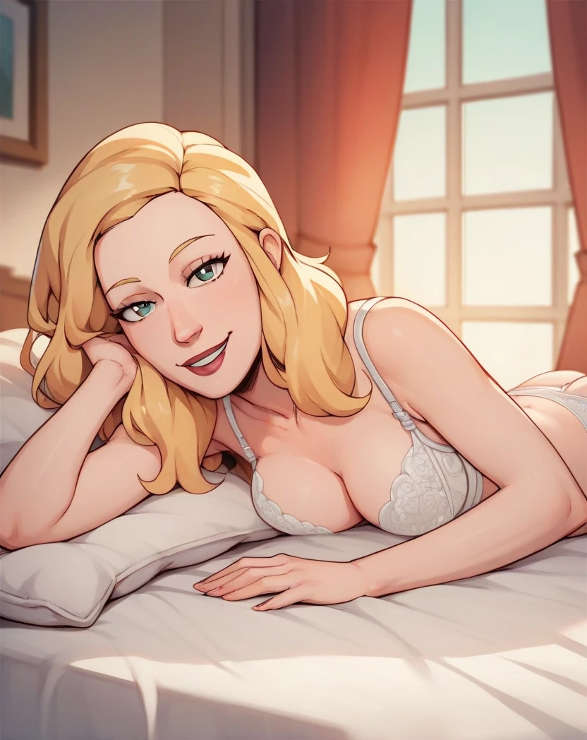 blonde hair woman, milf, red bra, red panties, several golden pearl necklaces, golden big chocker, long necklaces, red glasses, roses tattoos covering the entire body, thin chin, lying in bed, red bra, red panties, sensualizing, night, red lights, tied by wires, naugthy smile