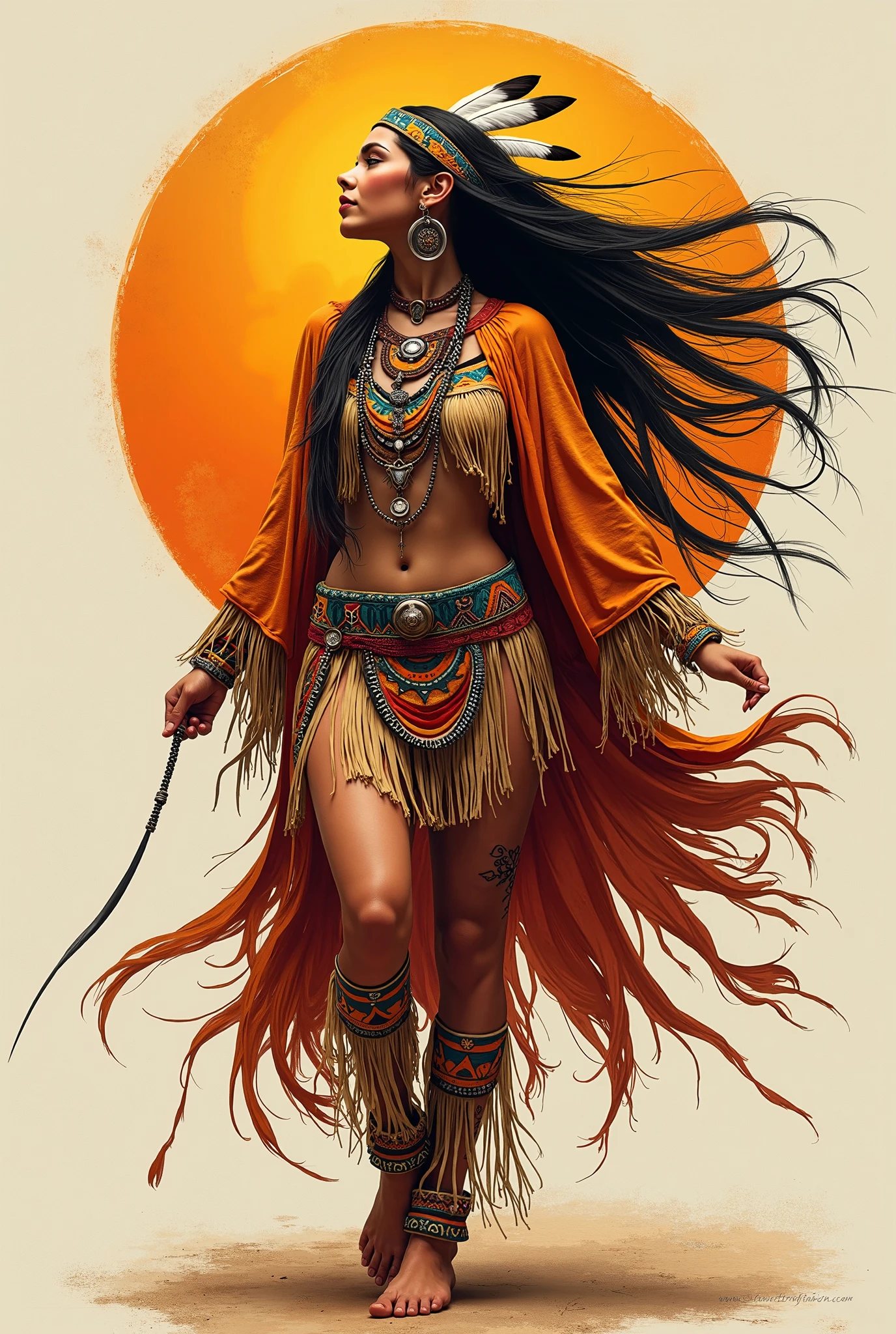 A beautiful red haired girl with a native American chief headdress. Luis Royo bookmark of surrealistic dreams, magic, watercolor, ink, acrylic, double exposure, futuristic, fantasy, great detail, mid-night, moon, fog, gothic gloom, art on a cracked paper, storybook detailed illustration, cinematic, ultra highly detailed, tiny details, beautiful details, mystical, luminism, vibrant colors