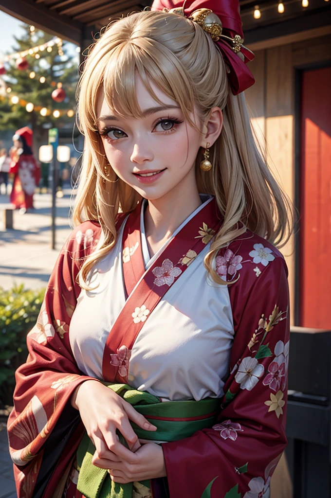 A bust shot of a smiling beautiful woman in a kimono celebrating Christmas