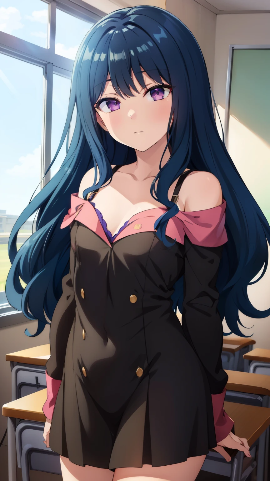 (masterpiece, best quality, high resolution, 8k:1.2),anime art style, nozaki yuu,anime, girl１people, (small breasts), (narrowed eyes, eyes half-closed, jitome, rolling eyes :1.2), (eye light: 1.2), closed mouth, blue hair, very long hair, (wavy hair:1.2), purple eyes, beautiful eyes, highly detailed face, (short:1.4), Detailed CG, expressionless, solo, (nffsw, long sleeves, off shoulder, standing, classroom), looking at the viewer, in the center of the image, dynamic poses, dynamic angles, (cowboy shot:1.2)