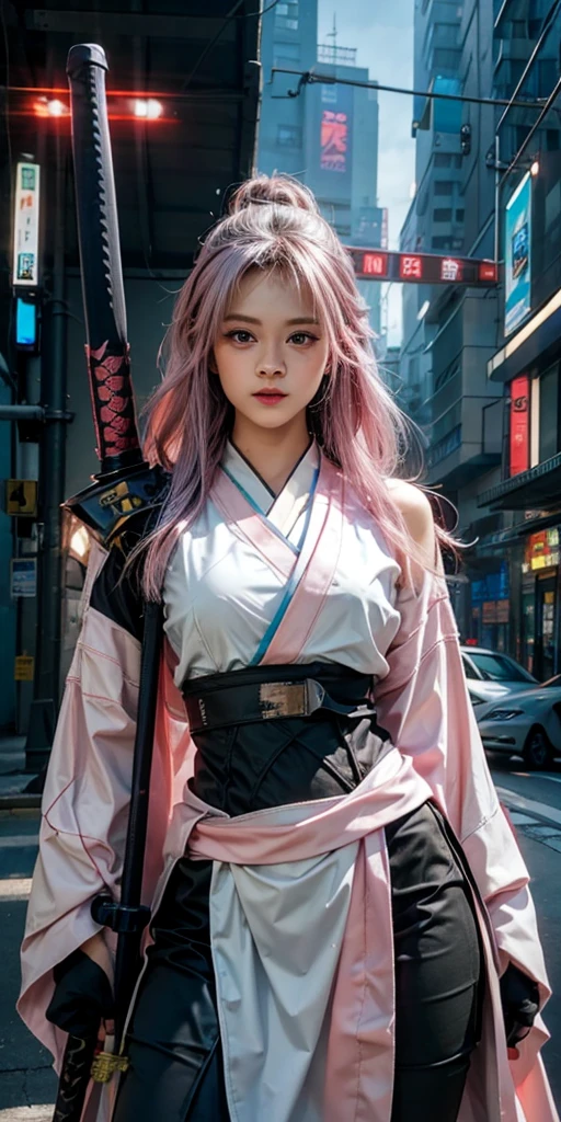 Telanjang arafed woman in a pink kimono with a sword in a city, very beautiful cyberpunk samurai, anime girl cosplay, anime cosplay, anime style mixed with fujifilm, haruno sakura, anime inspired, anime girl in real life, anime style. 8k, cosplay, anime style 4 k, female cyberpunk anime girl, cyberpunk anime girl, wearing japanese techwear