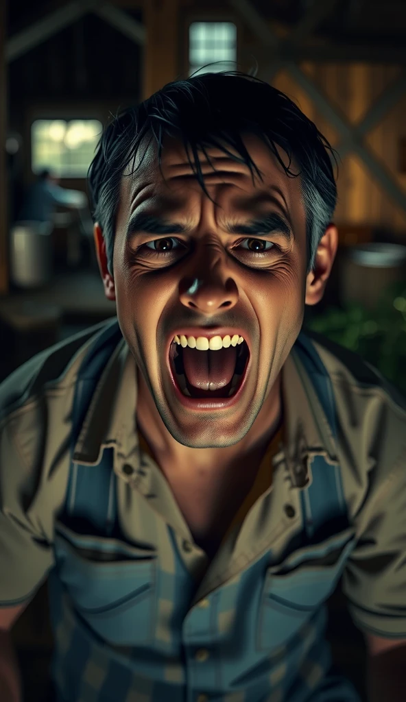  Sound of something moving in the dark .  The farmer looks around desperately .  The camera approaches his panicked expression. suddenly, a loud roar ,  followed by a scream .