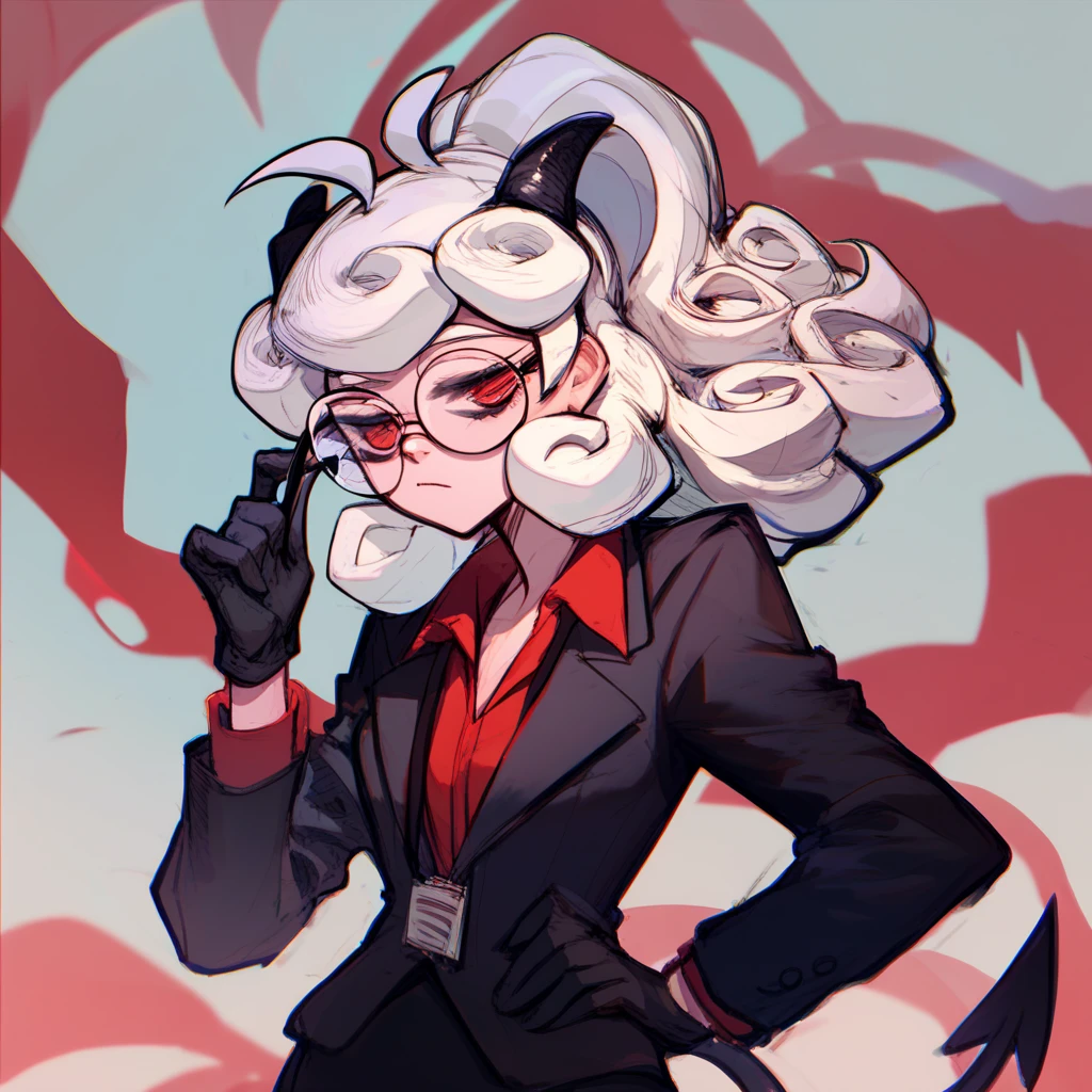 htpandemonica, 1girl, solo, curly hair, ahoge, ponytail, demon horns, demon tail, round eyewear, glasses, formal, suit, black jacket, long sleeves, red shirt, black gloves, black skirt, sketch