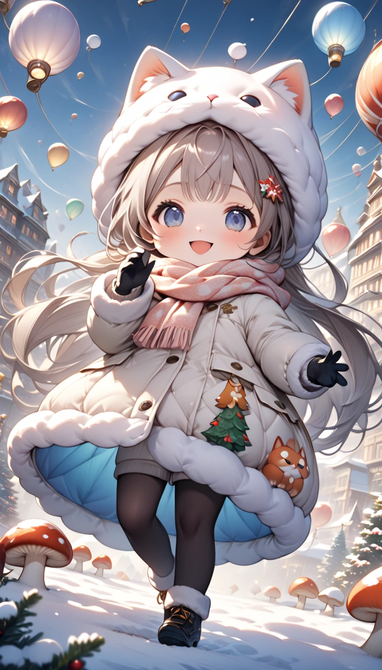 (masterpiece), (ultra-detailed, best quality, clear focus, dramatic scene, cinematic), shadow, (ultra-high resolution, 8k), perfect anatomy, perfect face, (detailed face), (detailed eye), (chibi), cute Japanese chibi girl, famous Japanese chibi idol, very beautiful and cute and cool face, (wearing an cute winter wear with warm pants with scarf and gloves:1.2), knit cap, (large breasts), (She is flying in the sky on the mushroom-hot-air-balloon with her cat above the spiral mushroom tall building:1.3), pastel colored, she is waving on the balloon, (gorgeously decorated Christmas trees), the snow covered mushroom building with Christmas decorations, snow covered, deep snow, stormy, she is showing a smile, dynamic angle, (a very cute giant cat is mewing with her), professional lighting, (detailed very cute fluffy giant cat:1.1), they looks so happy, happy smile, (spectacular view of snow covered tall mushroom building with Christmas decorations from the sky:1.2)