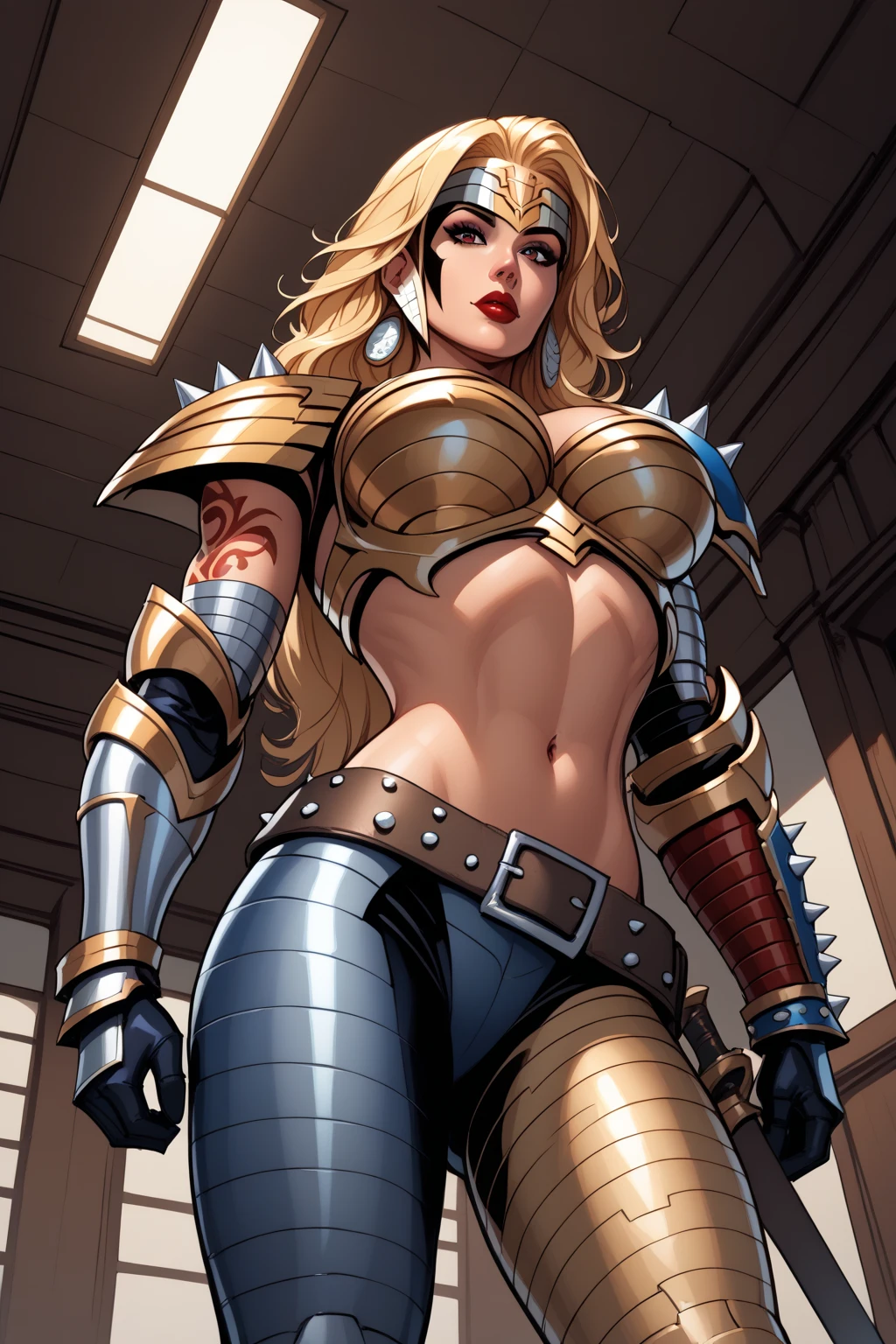 score_9,score_8_above,score_7_above BREAKAbsoluteWarrior woman with blonde hair, long hair, blonde hair, armor, tattoo, shoulder armor, swallows, breastplate, red lips, from below, room, room background big chest sexy waist blue armor, metallic pants, black pants, shoulder armor Left side tribal shoulder pad tattoo, right side tattoo, forehead protector, spiked gauntlet helmet, left arm gauntlet full HD 8K