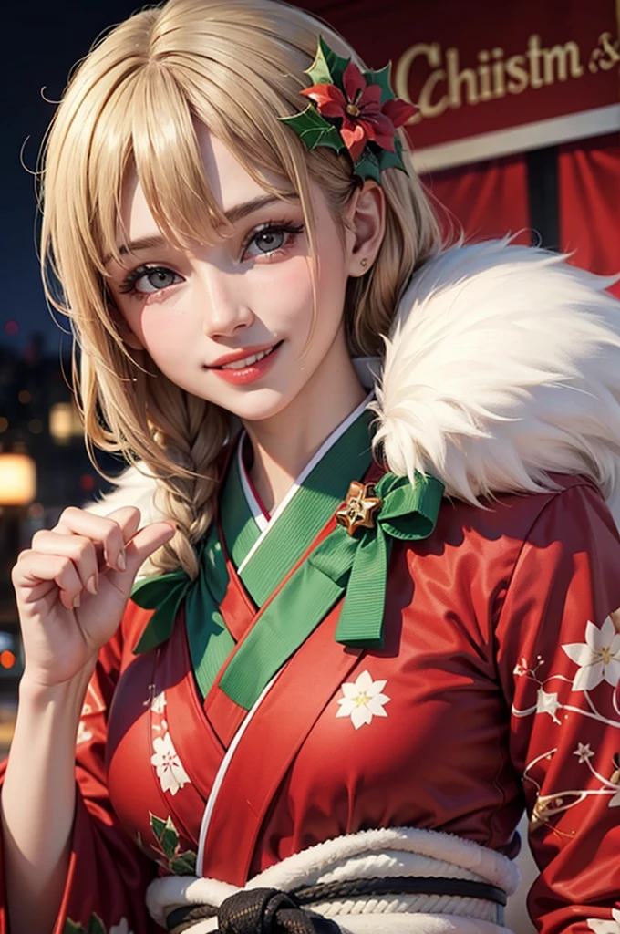 A bust shot of a smiling beautiful woman in a kimono celebrating Christmas