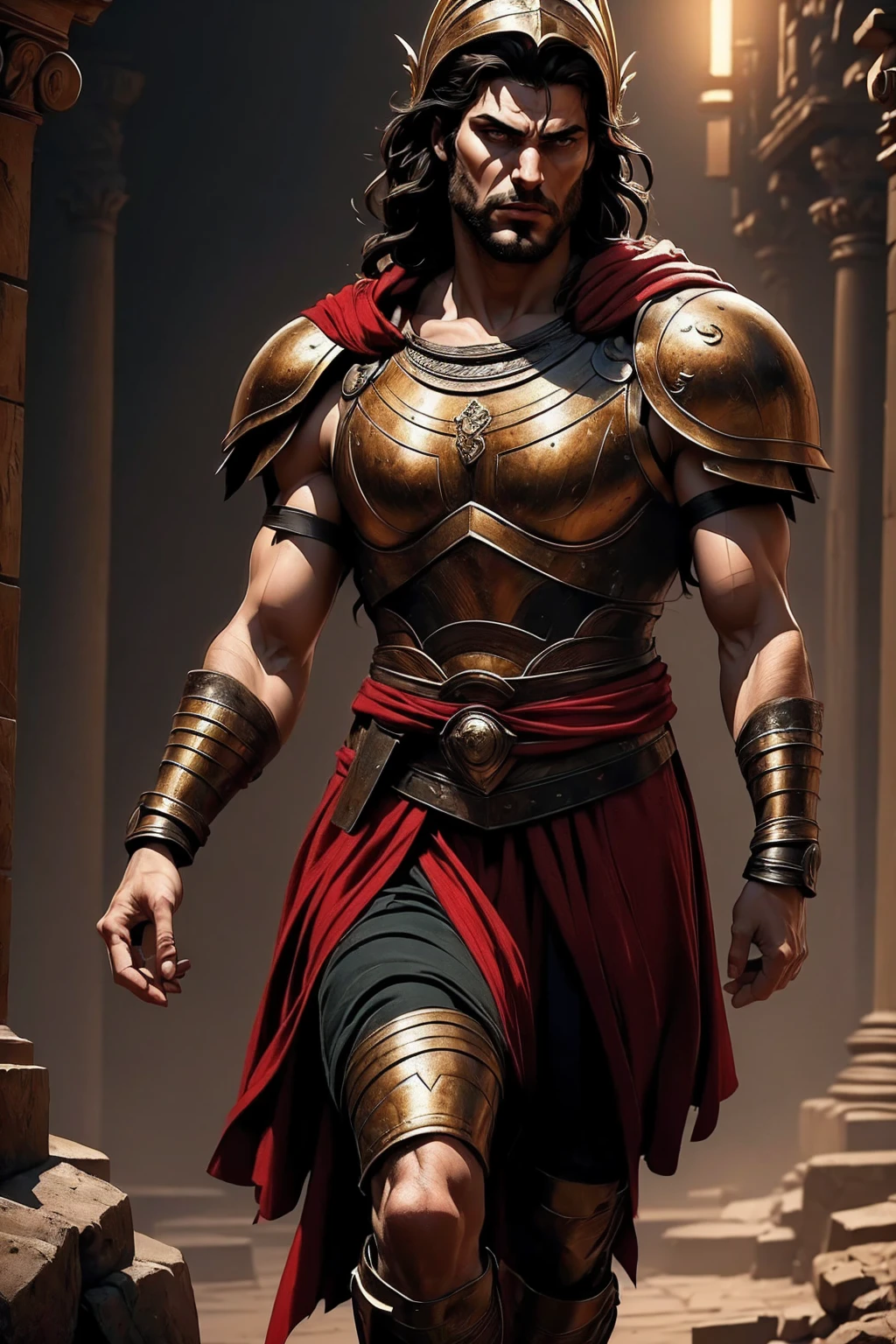 a 45 year old man, black hair, helmet ,prince of troy ,hector of troy, (best quality,4k,8k,highres,masterpiece:1.2),ultra-detailed,(realistic,photorealistic,photo-realistic:1.37),hyperrealistic,cinematic lighting,extremely detailed face and body,dramatic pose,epic scale,dramatic lighting,dark moody colors,chiaroscuro lighting,dramatic shadows, on the war, whole body, comic style, walking, in combat, show the feets