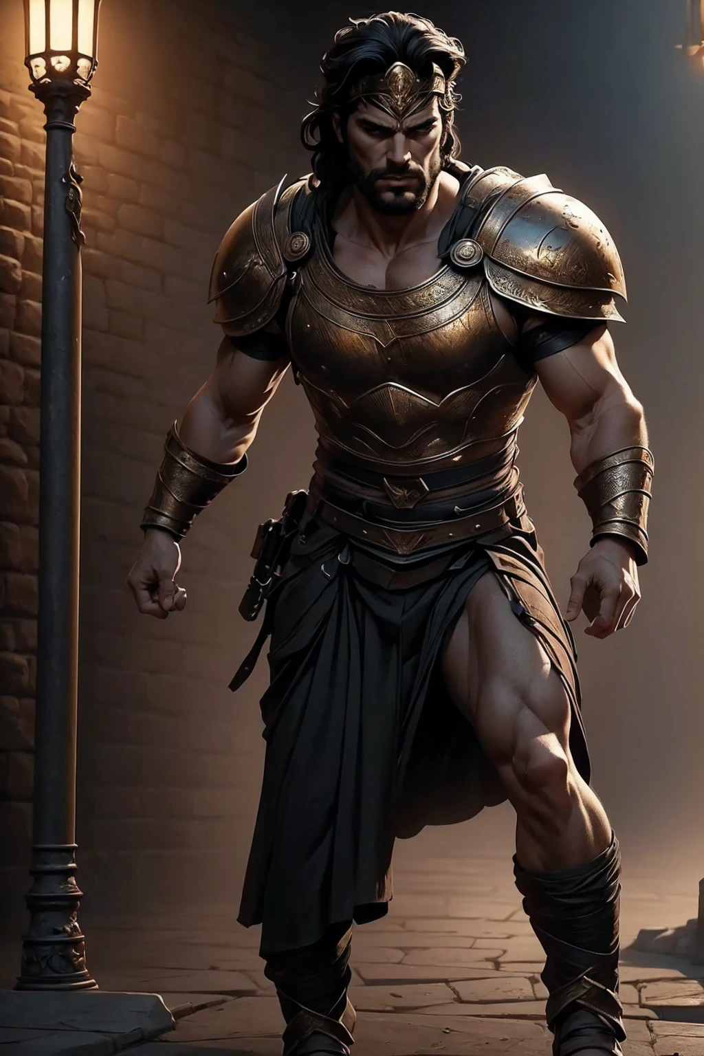 a 45 year old man, black hair, helmet ,prince of troy ,hector of troy, (best quality,4k,8k,highres,masterpiece:1.2),ultra-detailed,(realistic,photorealistic,photo-realistic:1.37),hyperrealistic,cinematic lighting,extremely detailed face and body,dramatic pose,epic scale,dramatic lighting,dark moody colors,chiaroscuro lighting,dramatic shadows, on the war, whole body, comic style, walking, in combat, show the feets