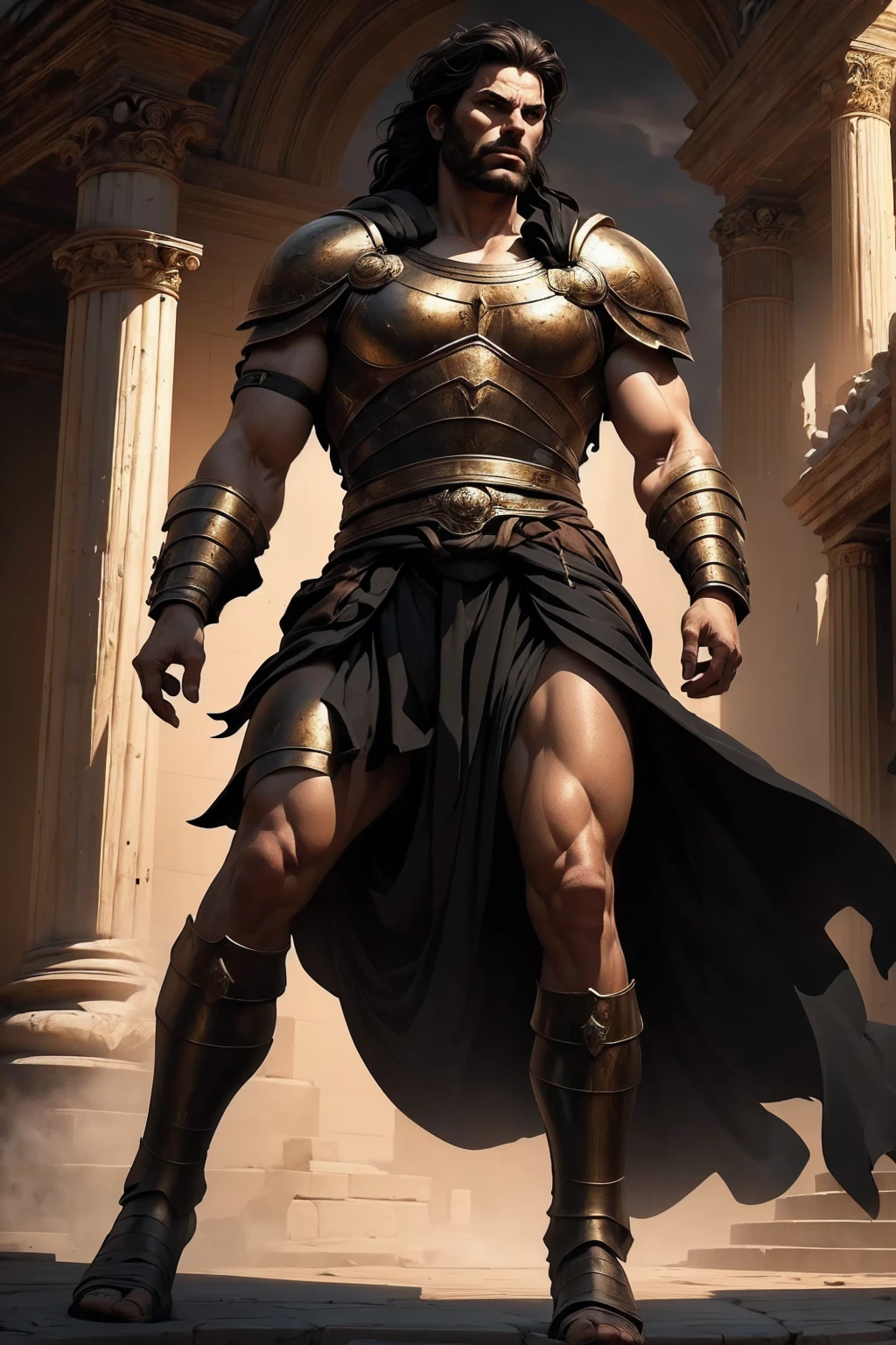 a 45 year old man, black hair, helmet ,prince of troy ,hector of troy, (best quality,4k,8k,highres,masterpiece:1.2),ultra-detailed,(realistic,photorealistic,photo-realistic:1.37),hyperrealistic,cinematic lighting,extremely detailed face and body,dramatic pose,epic scale,dramatic lighting,dark moody colors,chiaroscuro lighting,dramatic shadows, on the war, whole body, comic style, walking, in combat, show the feets