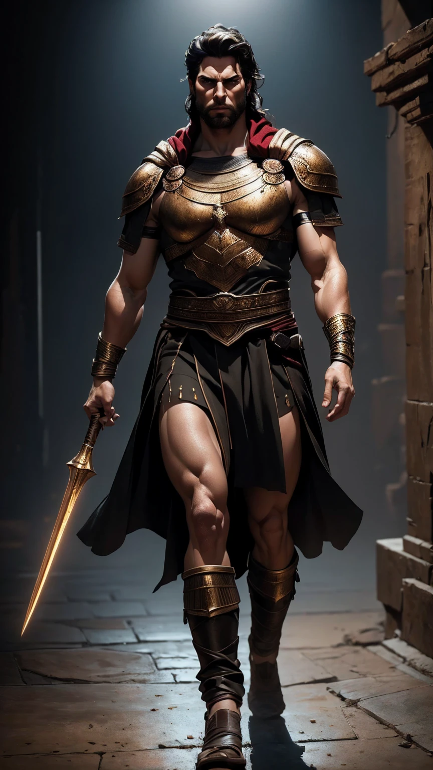 a 45 year old man, black hair, helmet ,prince of troy ,hector of troy, (best quality,4k,8k,highres,masterpiece:1.2),ultra-detailed,(realistic,photorealistic,photo-realistic:1.37),hyperrealistic,cinematic lighting,extremely detailed face and body,dramatic pose,epic scale,dramatic lighting,dark moody colors,chiaroscuro lighting,dramatic shadows, on the war, whole body, comic style, walking, in combat, show the feets