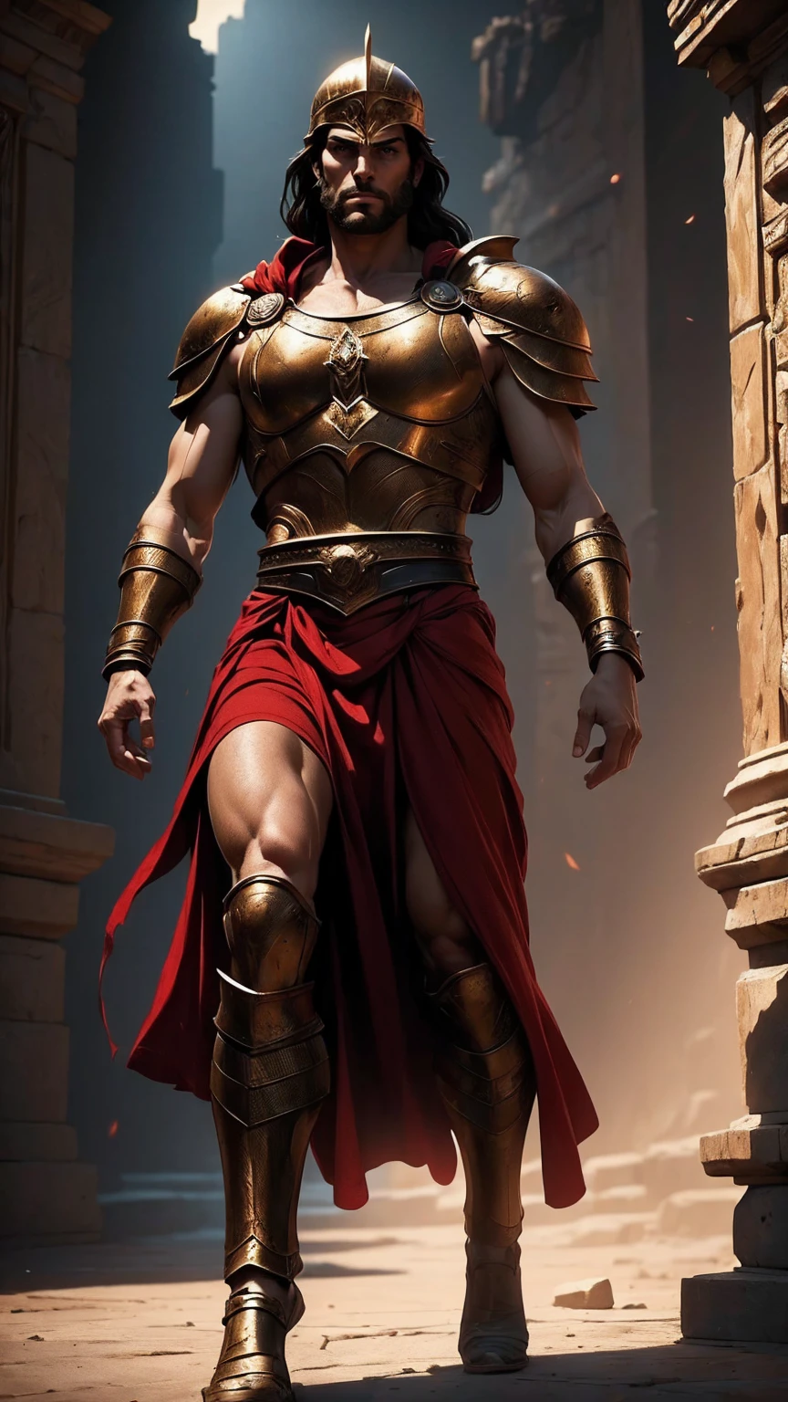 a 45 year old man, black hair, helmet ,prince of troy ,hector of troy, (best quality,4k,8k,highres,masterpiece:1.2),ultra-detailed,(realistic,photorealistic,photo-realistic:1.37),hyperrealistic,cinematic lighting,extremely detailed face and body,dramatic pose,epic scale,dramatic lighting,dark moody colors,chiaroscuro lighting,dramatic shadows, on the war, whole body, comic style, walking, in combat, show the feets