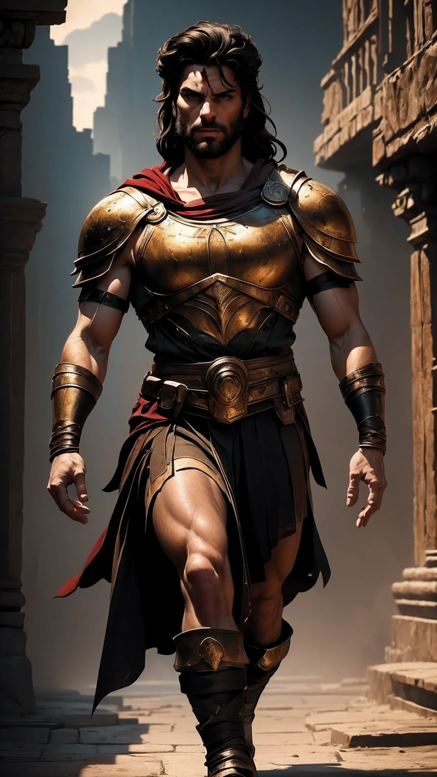 a 45 year old man, black hair, helmet ,prince of troy ,hector of troy, (best quality,4k,8k,highres,masterpiece:1.2),ultra-detailed,(realistic,photorealistic,photo-realistic:1.37),hyperrealistic,cinematic lighting,extremely detailed face and body,dramatic pose,epic scale,dramatic lighting,dark moody colors,chiaroscuro lighting,dramatic shadows, on the war, whole body, comic style, walking, in combat, show the feets