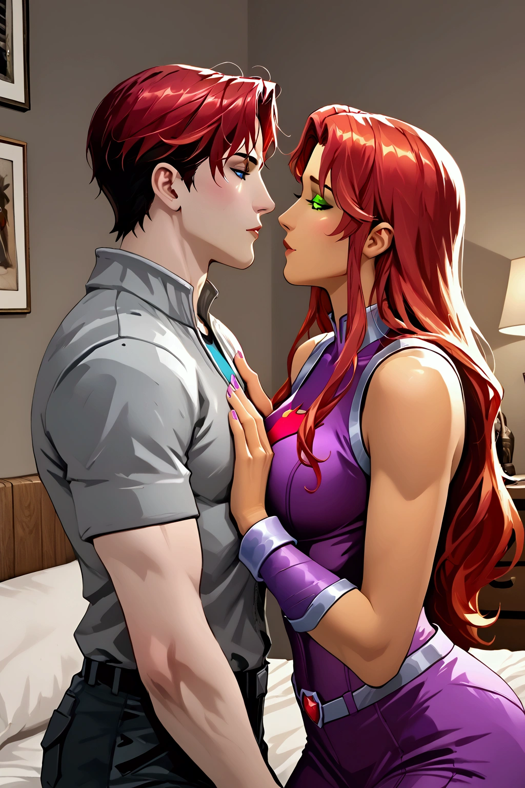 dc, starfire, redhood, jason todd, koriand'r, couple, intimate, on the bed