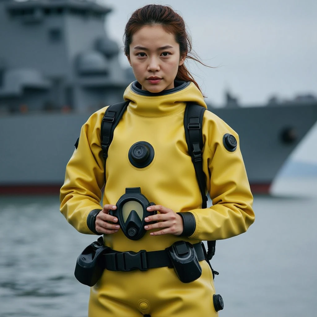 A documentary photo, Photo-realistic, ultra-realistic, (Japanese beautiful young woman, famous Japanese idol, boyish cool face:1.3), wetlook rubberish yellow clothes,, she is a military diver of Japan navy, experienced military diver, wearing a professional wetsuits for military diver with professional scuba equipment, She is on a shlre, She is preparing to scuba dive for a lifesaving mission, there is a large battle ship behind her,, Natural Makeup, boyish face ,Front View:1.21, Perfect Anatomy:1.21, Small head:1.21, Slender body:1.37, Narrow waist:1.5, Thin limbs:1.5, Flat Chest:1.5, Anatomically correct limbs, Diving Suits drysuits (high smooth turtleneck collar), Fully equipped for diving, Very cute Japanese woman, Brown Hair, Chignon Hair, woman holds oval scuba mask, Calm sea in qinter, Dynamic and emotional movie lighting, 