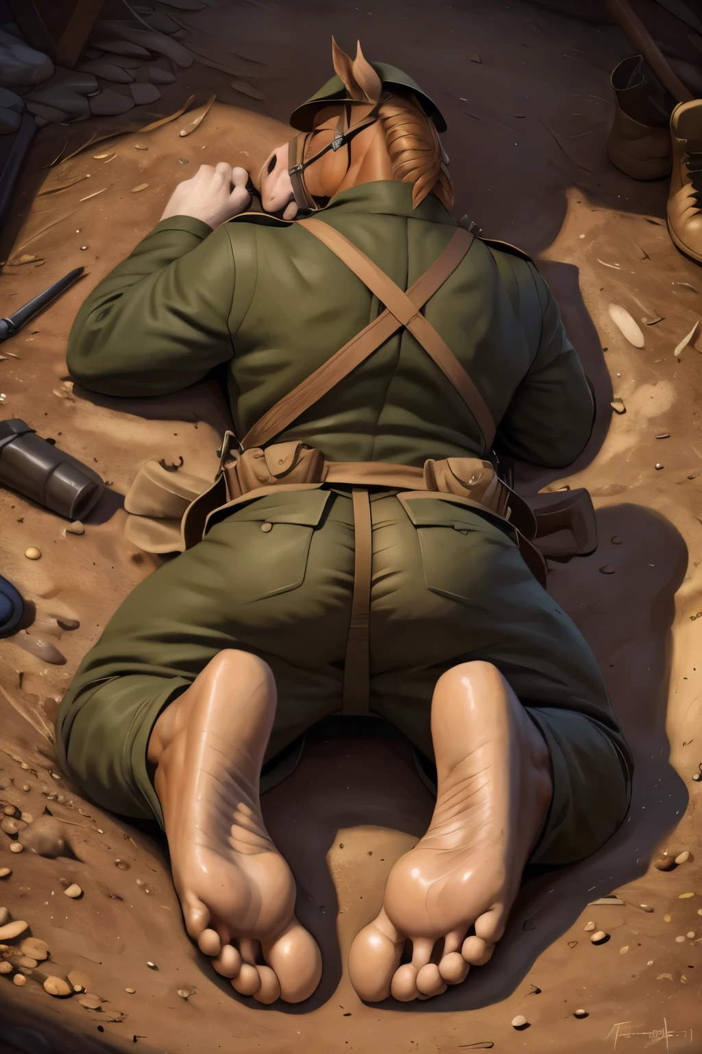 (ultra quality):1.4, color, smooth comics style, (by takemoto arashi, by meesh, by Taran Fiddler), solo:1, (defeat)) ((brownfeetsoles)) ((brown feetsoles)) ((knockout face)) did a horse in the english soldier uniform without shoes, ((without pants)) He is dead in the trench, lying on the back, closed eyes, tonque stuck out of the mounth, defeated on the floor after a fight, exhausted, closed eyes, tonque out of the mounth , ((feet focus)) bear tail. Battlefield (uniform english world war 1)) ((world war 1)) ((ww1)) ((black feet soles )) (five toes) 5toes, 5finger ((horse)) (brownfeetsoles) (additional feet from hidden characters that you can't see) ((without pants)) ((Pants pulled down to the knees)) ((horse tail) ((tonque stuck out of the mounth)) (((humanoid feet)) ((horse tail)
