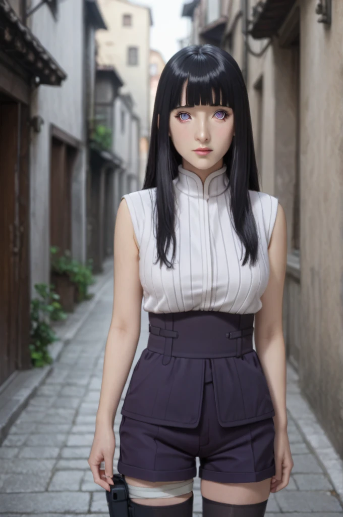 1girl, solo,
ChopioHyugaHinata, long hair, black hair, straight hair, shiny hair, blunt bangs, white eyes, no pupils, looking at viewer,
mature female, medium breasts,
outfit_1, white shirt, ribbed shirt, sleeveless, waistband, purple shorts, bandaged leg, thigh pouch, black thighhighs