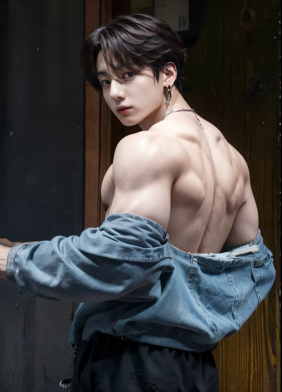 BTS Jungkook posing shirtless, showcasing his hot and sexy physique, with sculpted abs, large biceps,  muscular legs . He confidently smirks, his eyebrow and lip piercings adding a touch of edge. His hairstyle is a stylish wolf cut, complementing his muscular body. He is seen in alluring underwear, revealing his tattoos.