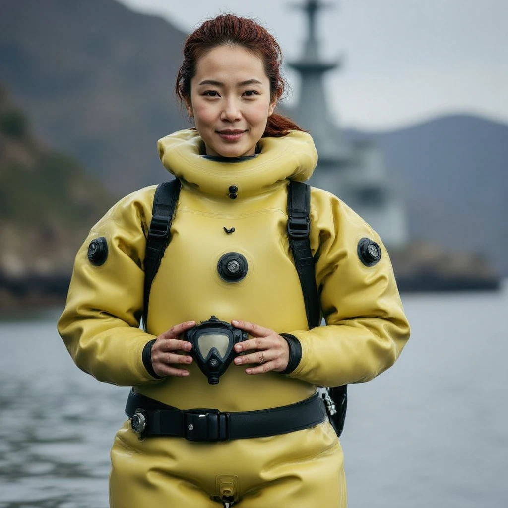 A documentary photo, Photo-realistic, ultra-realistic, (Japanese beautiful young woman, famous Japanese idol, boyish cool face:1.3), wetlook rubberish yellow clothes,, she is a military diver of Japan navy, experienced military diver, wearing a professional wetsuits for military diver with professional scuba equipment, She is on a shlre, She is preparing to scuba dive for a lifesaving mission, there is a large battle ship behind her,, Natural Makeup, boyish face ,Front View:1.21, Perfect Anatomy:1.21, Small head:1.21, Slender body:1.37, Narrow waist:1.5, Thin limbs:1.5, Flat Chest:1.5, Anatomically correct limbs, Diving Suits drysuits (high smooth turtleneck collar), Fully equipped for diving, Very cute Japanese woman, Brown Hair, Chignon Hair, woman holds oval scuba mask, Calm sea in qinter, Dynamic and emotional movie lighting, 